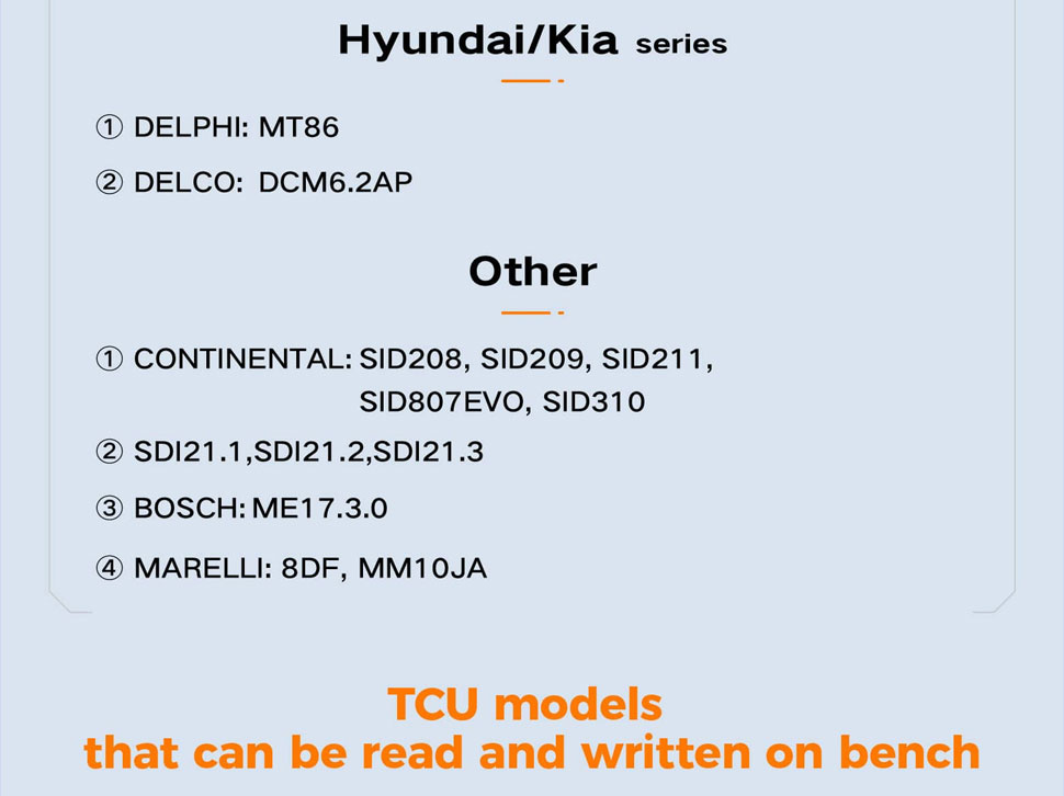 Xhorse multi prog Supported ECU and TCU models