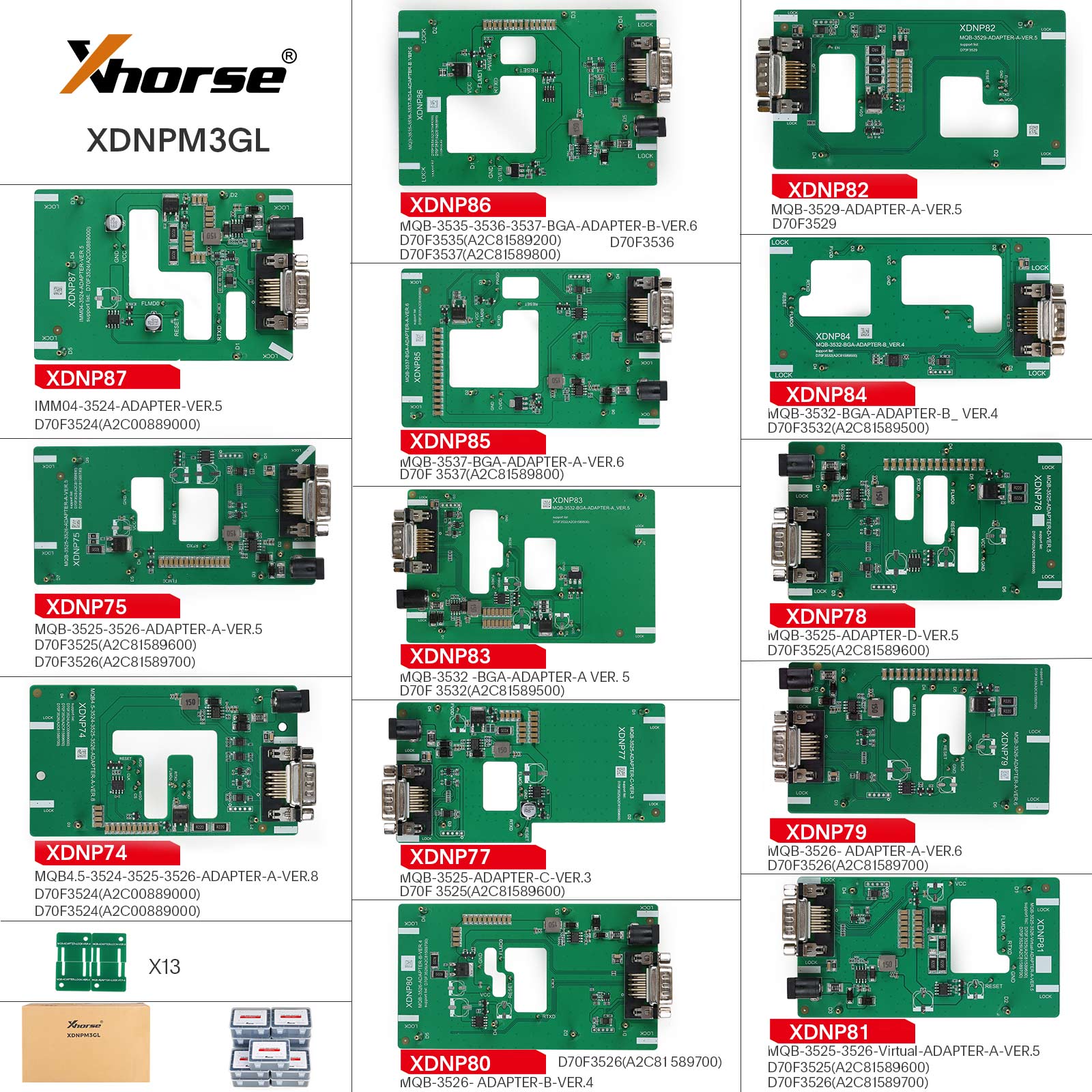 Xhorse XDNPM3GL MQB48 Solder-Free Adapter 13 Full Set Adapters