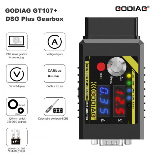 GODIAG GT107+ DSG Plus Gearbox Data Adapter with Voltage Current Display For DQ250 DQ200 VL381 VL300 DQ500 DL501 Benz BMW