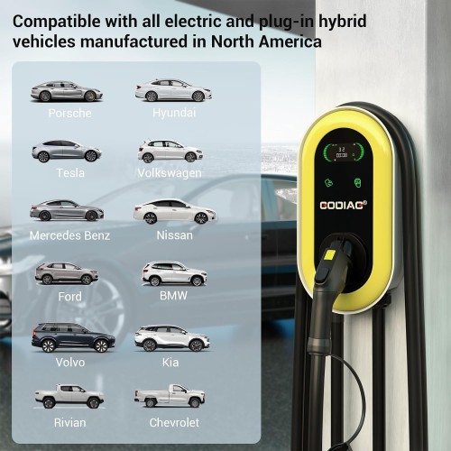 2024 GODIAG Hardwired Level 2 EV Charger, 40Amp/9.6kw 240V Wall-Mount Indoor/Outdoor Electric Car Fast Home Charging Station with 25ft Cable